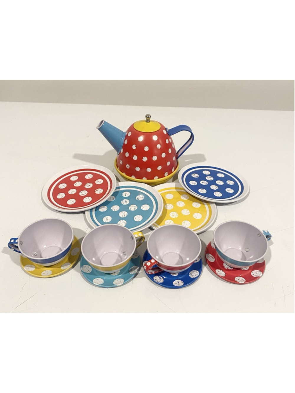 Addo Busy Me Time for Tea 14 Piece Metal Tin Toy Tea Set Polka Dot